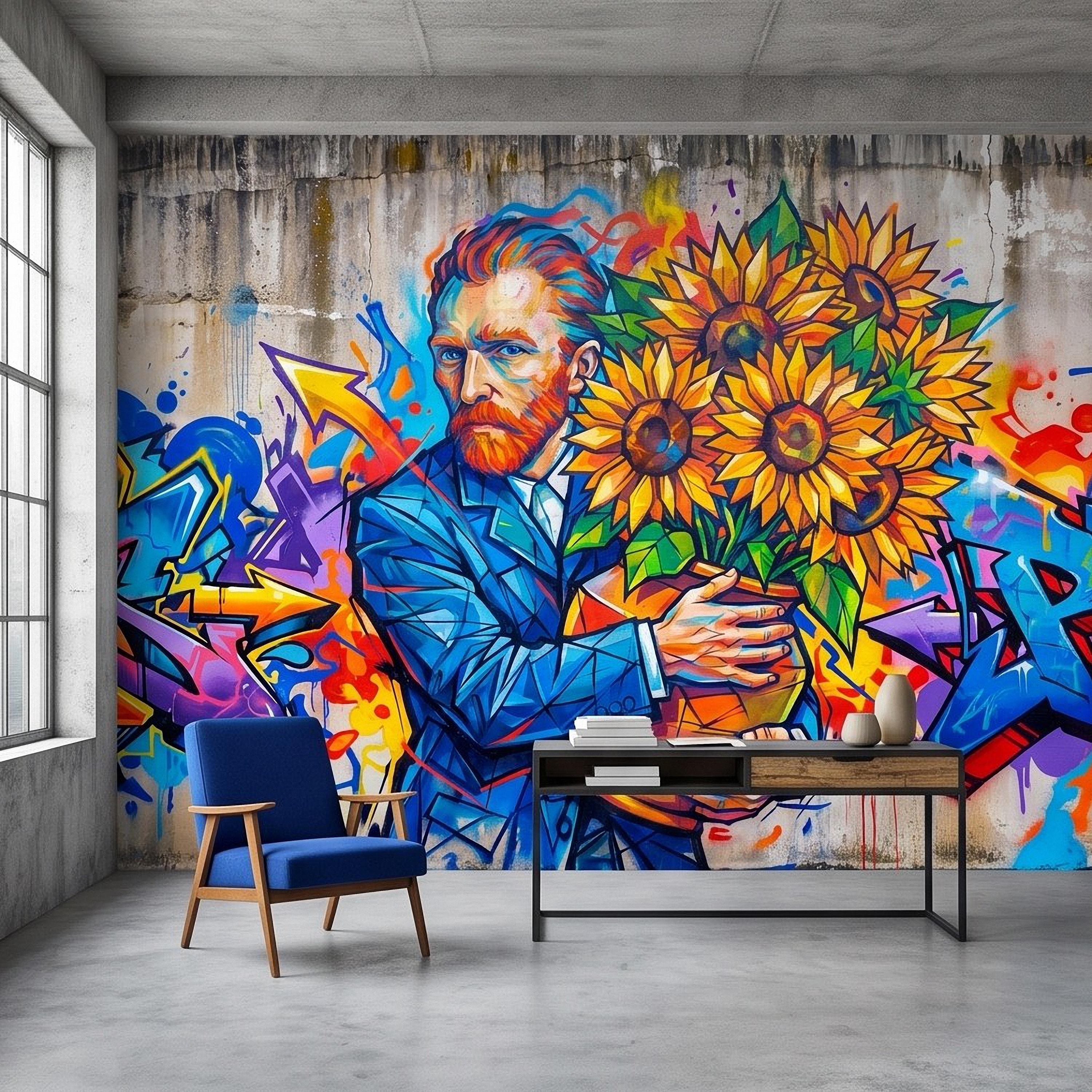 Van Gogh Sunflowers Peel and Stick Wall Mural, Colorful Graffiti Portrait Famous Painter Street Style Pop Culture Vibrant Wallpaper