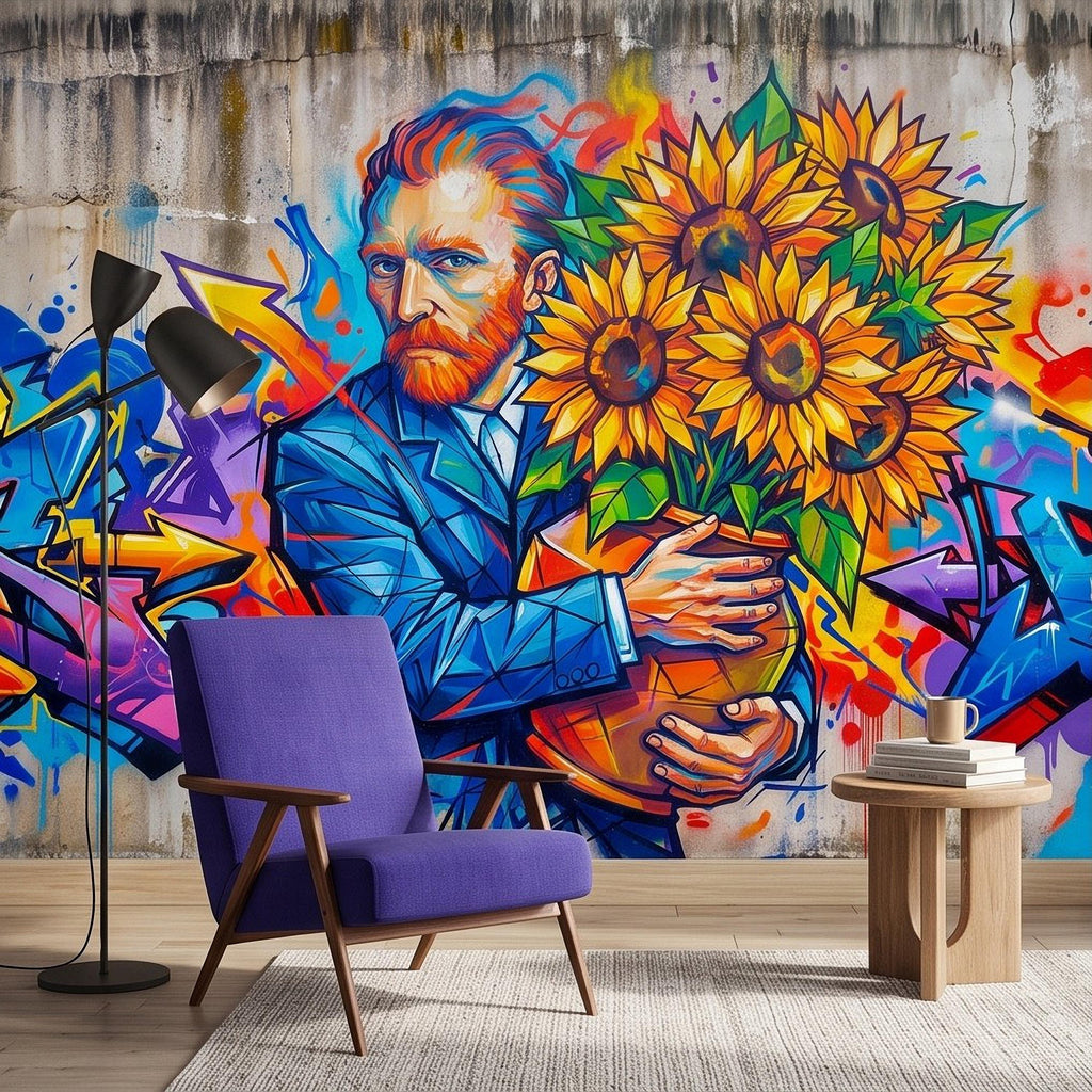 Van Gogh Sunflowers Peel and Stick Wall Mural, Colorful Graffiti Portrait Famous Painter Street Style Pop Culture Vibrant Wallpaper