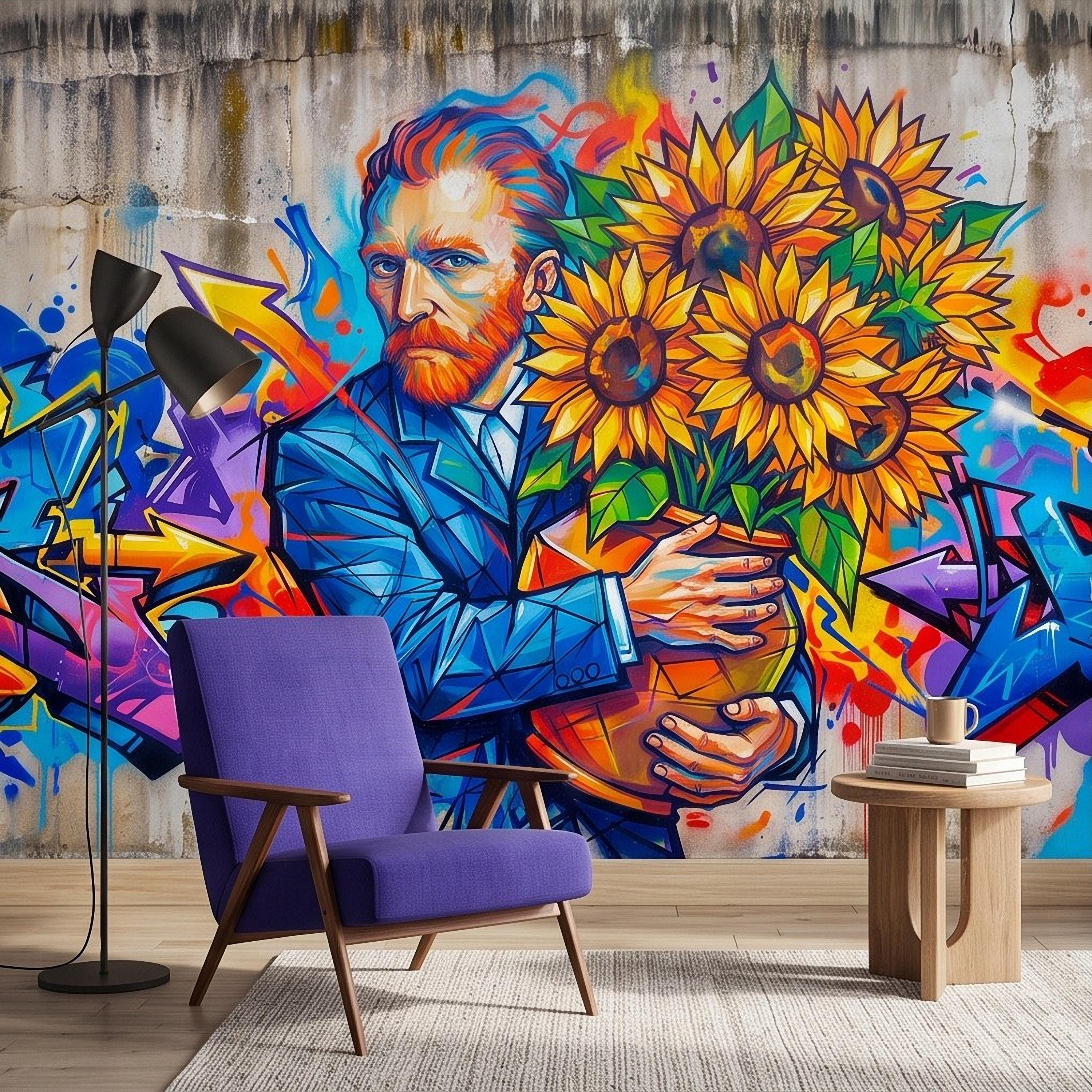 Van Gogh Sunflowers Peel and Stick Wall Mural, Colorful Graffiti Portrait Famous Painter Street Style Pop Culture Vibrant Wallpaper