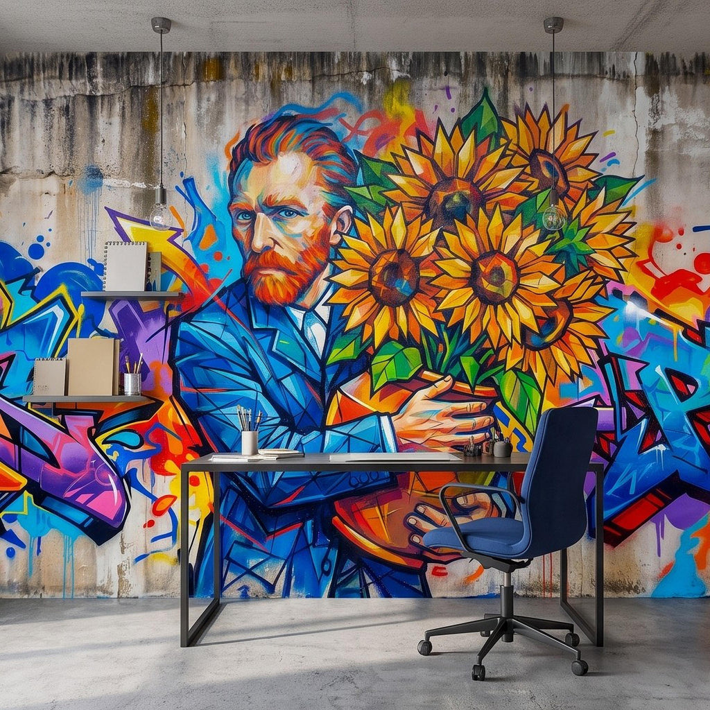 Van Gogh Sunflowers Peel and Stick Wall Mural, Colorful Graffiti Portrait Famous Painter Street Style Pop Culture Vibrant Wallpaper