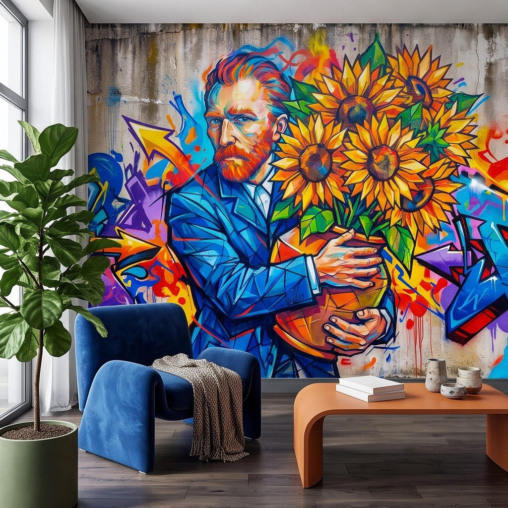 Van Gogh Sunflowers Peel and Stick Wall Mural, Colorful Graffiti Portrait Famous Painter Street Style Pop Culture Vibrant Wallpaper