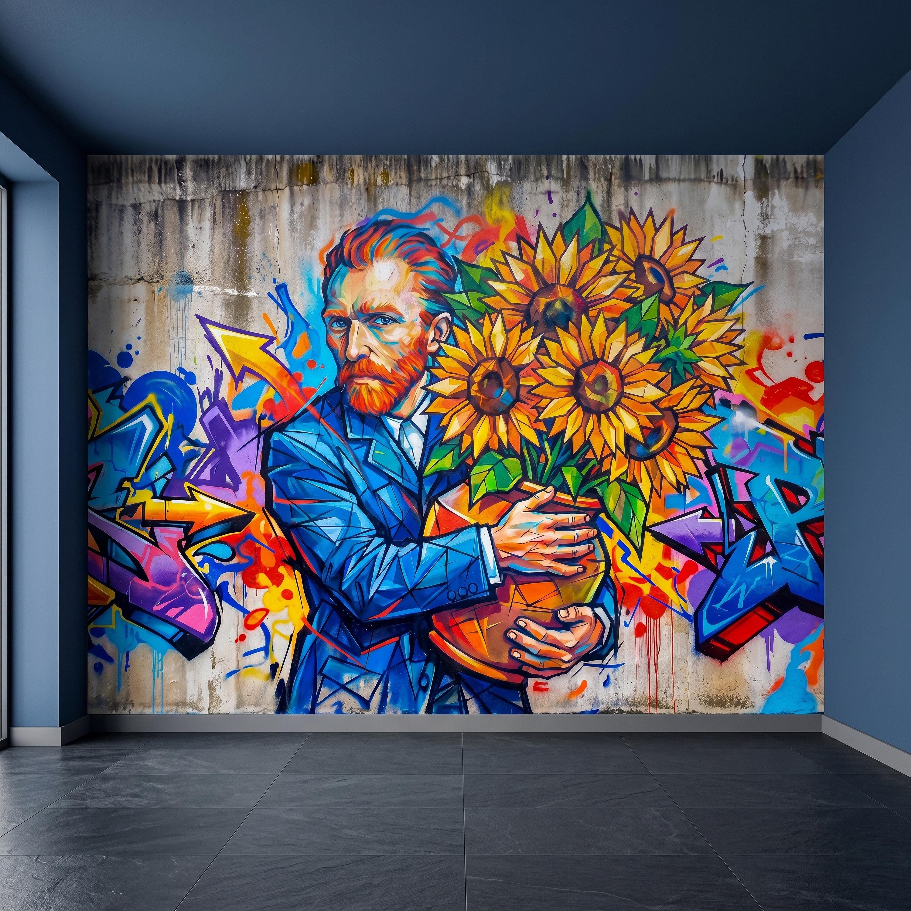 Van Gogh Sunflowers Peel and Stick Wall Mural, Colorful Graffiti Portrait Famous Painter Street Style Pop Culture Vibrant Wallpaper
