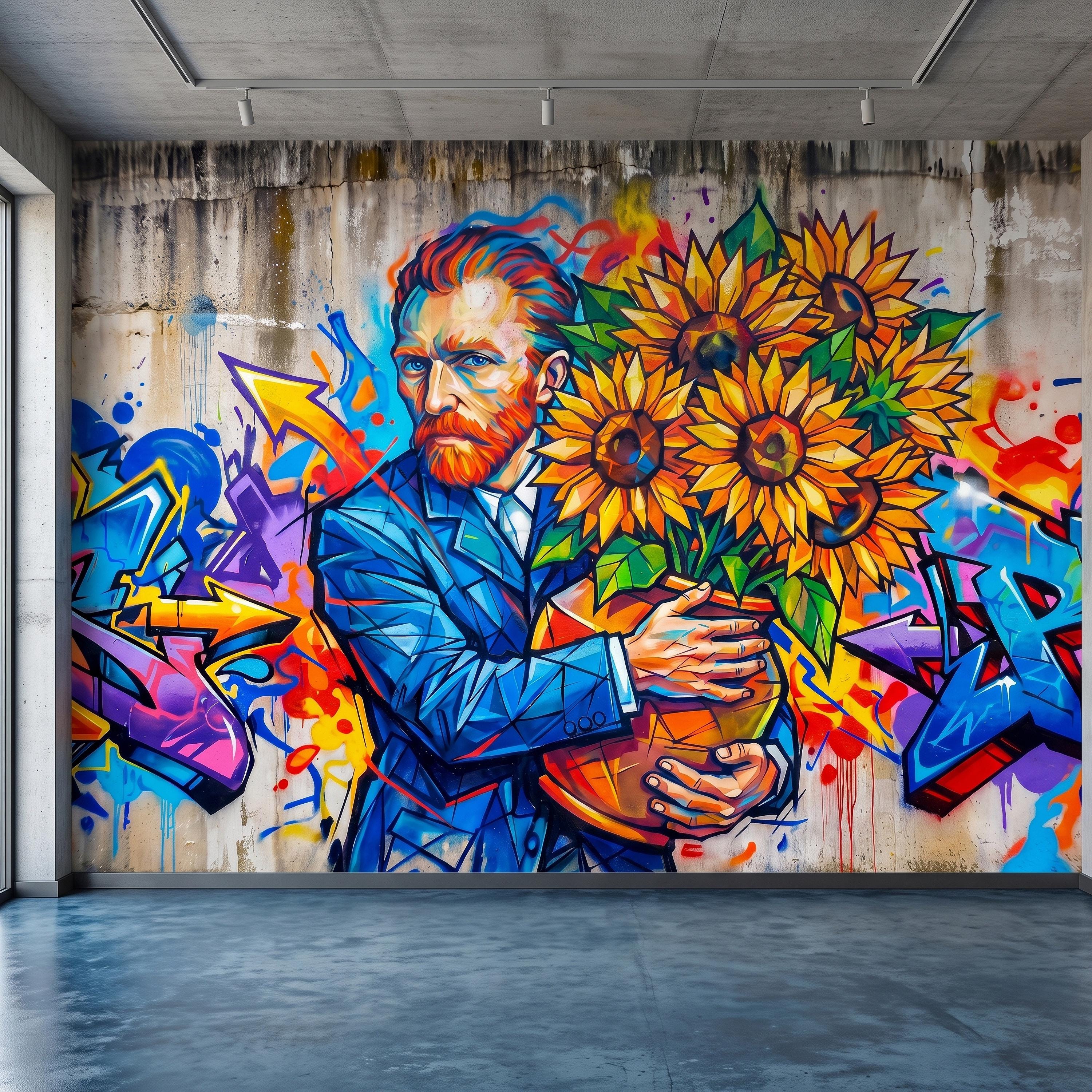 Van Gogh Sunflowers Peel and Stick Wall Mural, Colorful Graffiti Portrait Famous Painter Street Style Pop Culture Vibrant Wallpaper