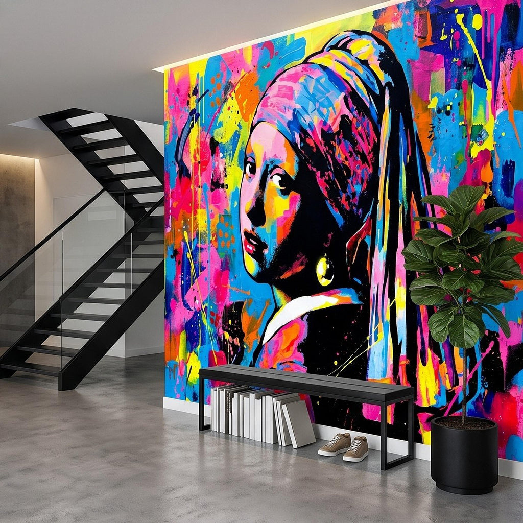 Girl with a Pearl Earring Peel and Stick Wall Mural, Colorful Graffiti Portrait Famous Painting Street Style Pop Culture Vibrant Wallpaper