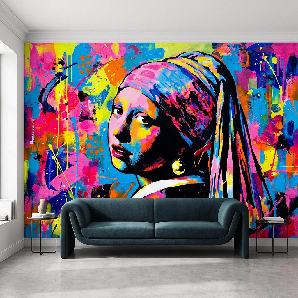 Girl with a Pearl Earring Peel and Stick Wall Mural, Colorful Graffiti Portrait Famous Painting Street Style Pop Culture Vibrant Wallpaper