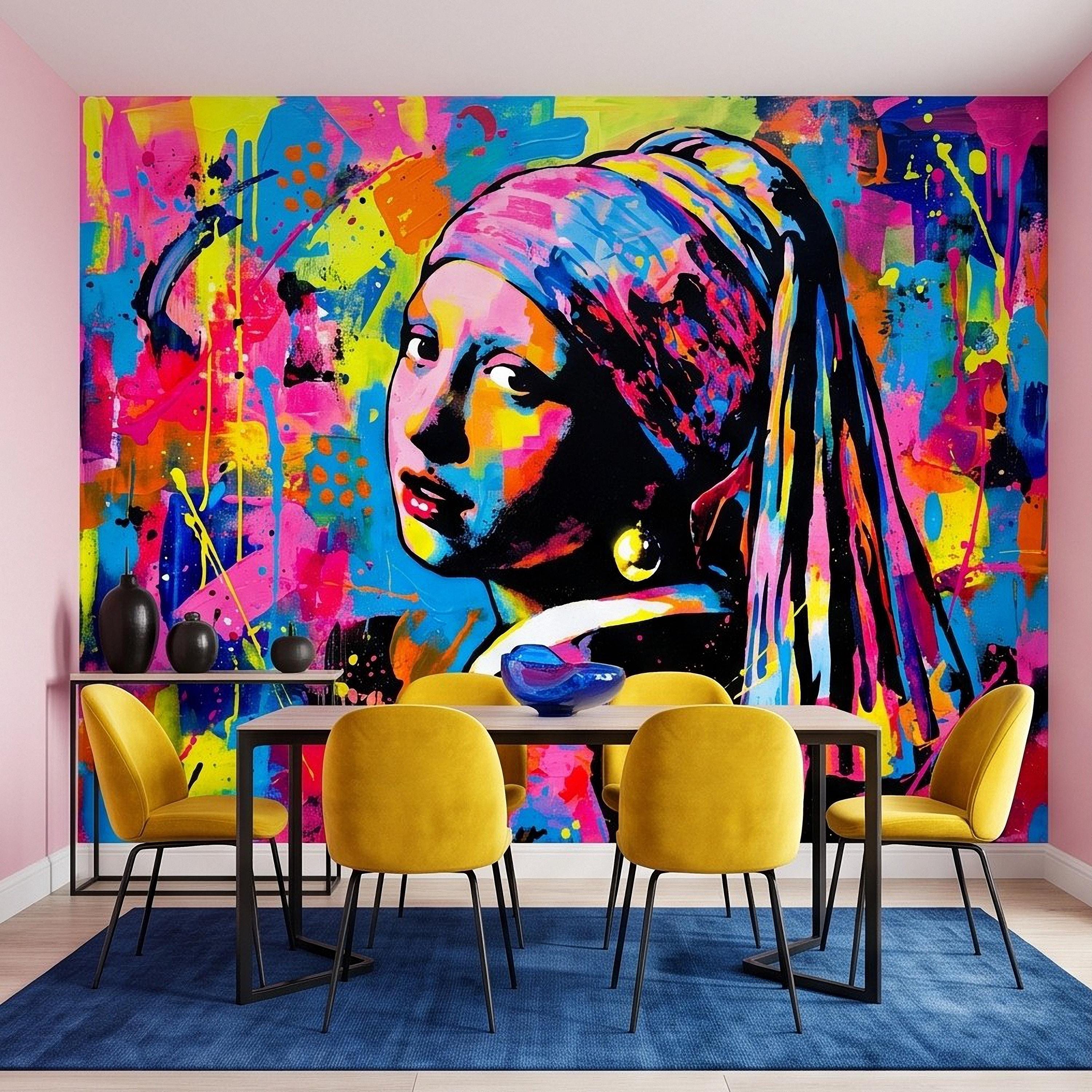 Girl with a Pearl Earring Peel and Stick Wall Mural, Colorful Graffiti Portrait Famous Painting Street Style Pop Culture Vibrant Wallpaper