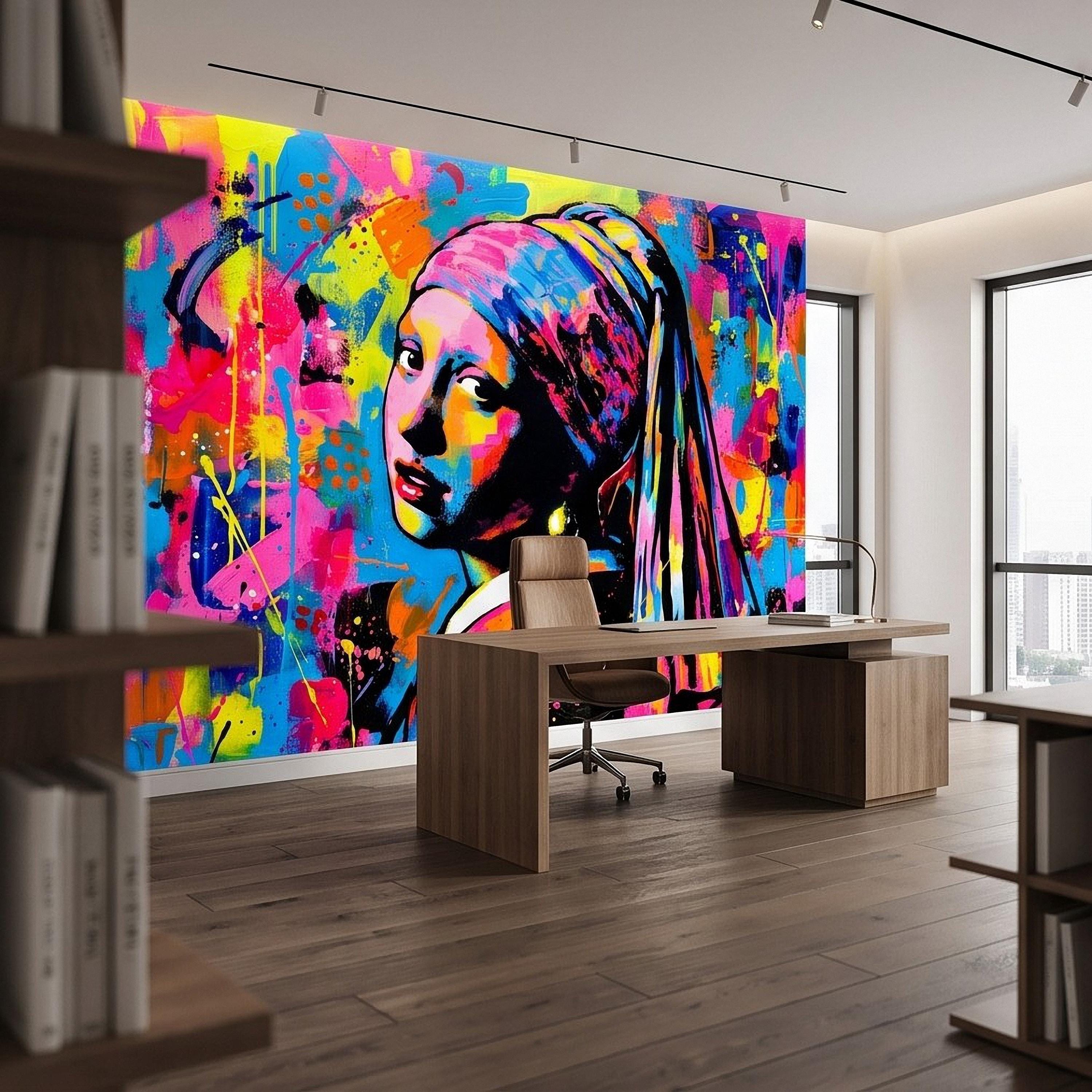 Girl with a Pearl Earring Peel and Stick Wall Mural, Colorful Graffiti Portrait Famous Painting Street Style Pop Culture Vibrant Wallpaper