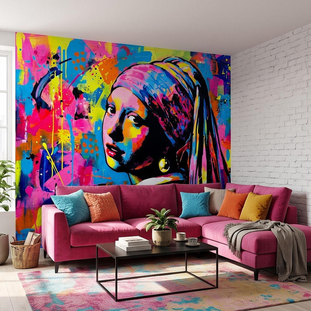 Girl with a Pearl Earring Peel and Stick Wall Mural, Colorful Graffiti Portrait Famous Painting Street Style Pop Culture Vibrant Wallpaper