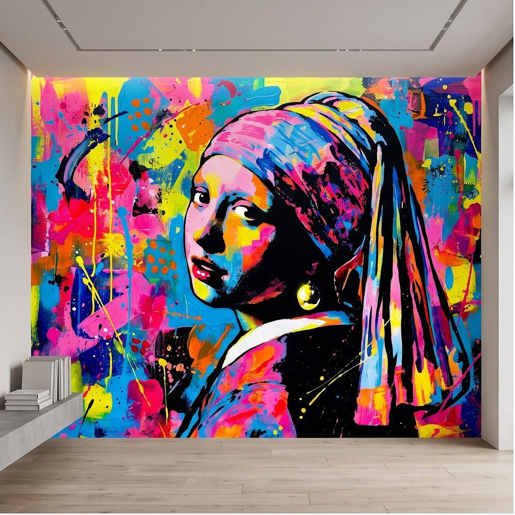 Girl with a Pearl Earring Peel and Stick Wall Mural, Colorful Graffiti Portrait Famous Painting Street Style Pop Culture Vibrant Wallpaper