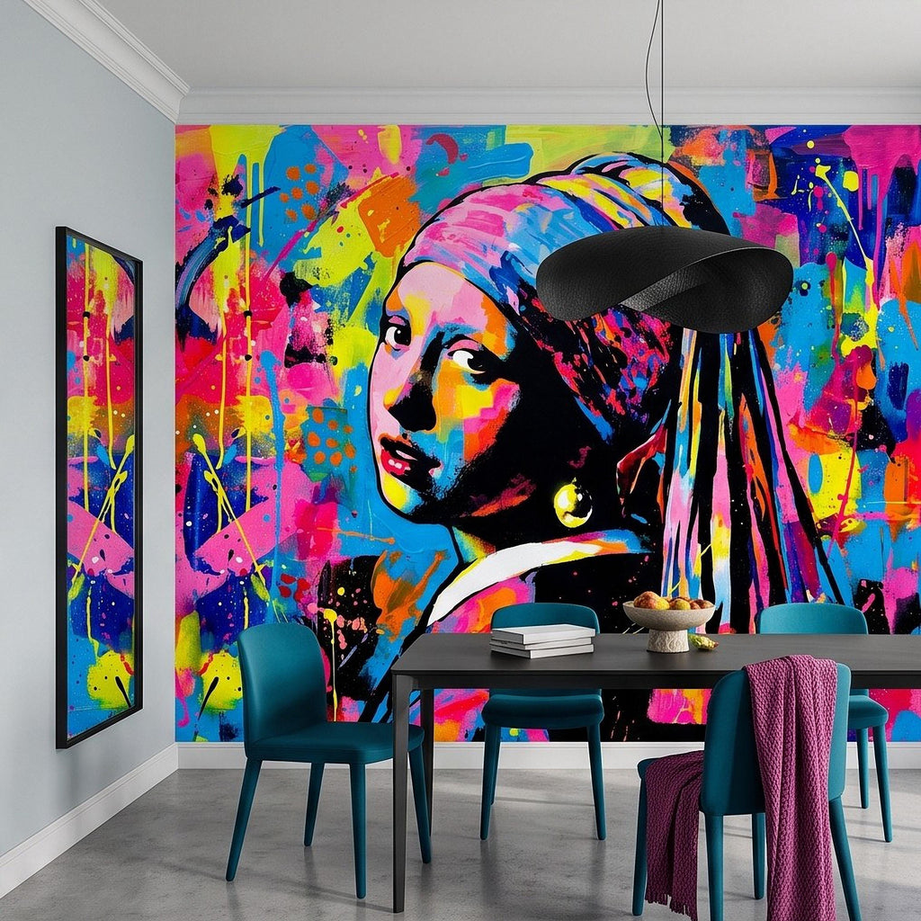 Girl with a Pearl Earring Peel and Stick Wall Mural, Colorful Graffiti Portrait Famous Painting Street Style Pop Culture Vibrant Wallpaper