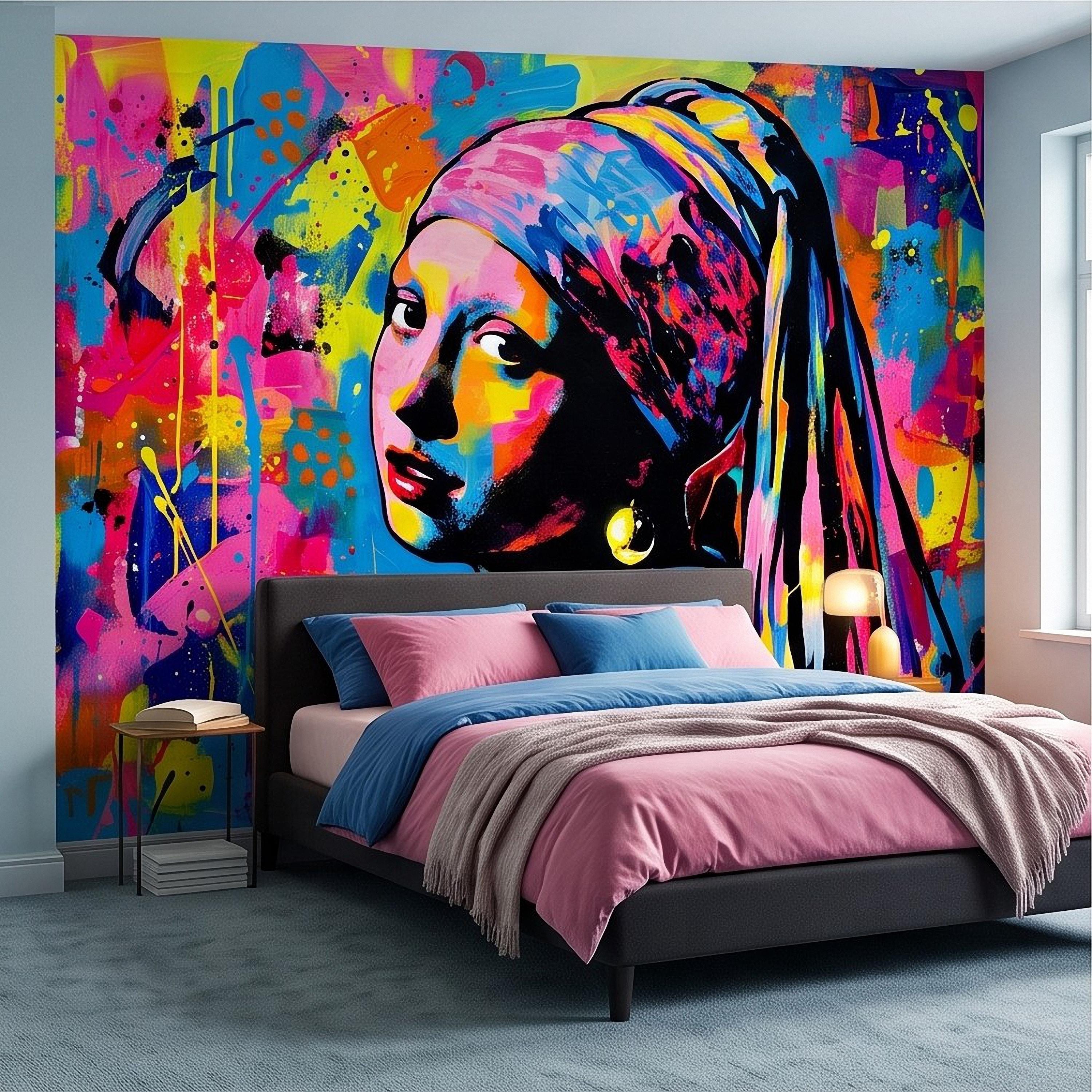 Girl with a Pearl Earring Peel and Stick Wall Mural, Colorful Graffiti Portrait Famous Painting Street Style Pop Culture Vibrant Wallpaper