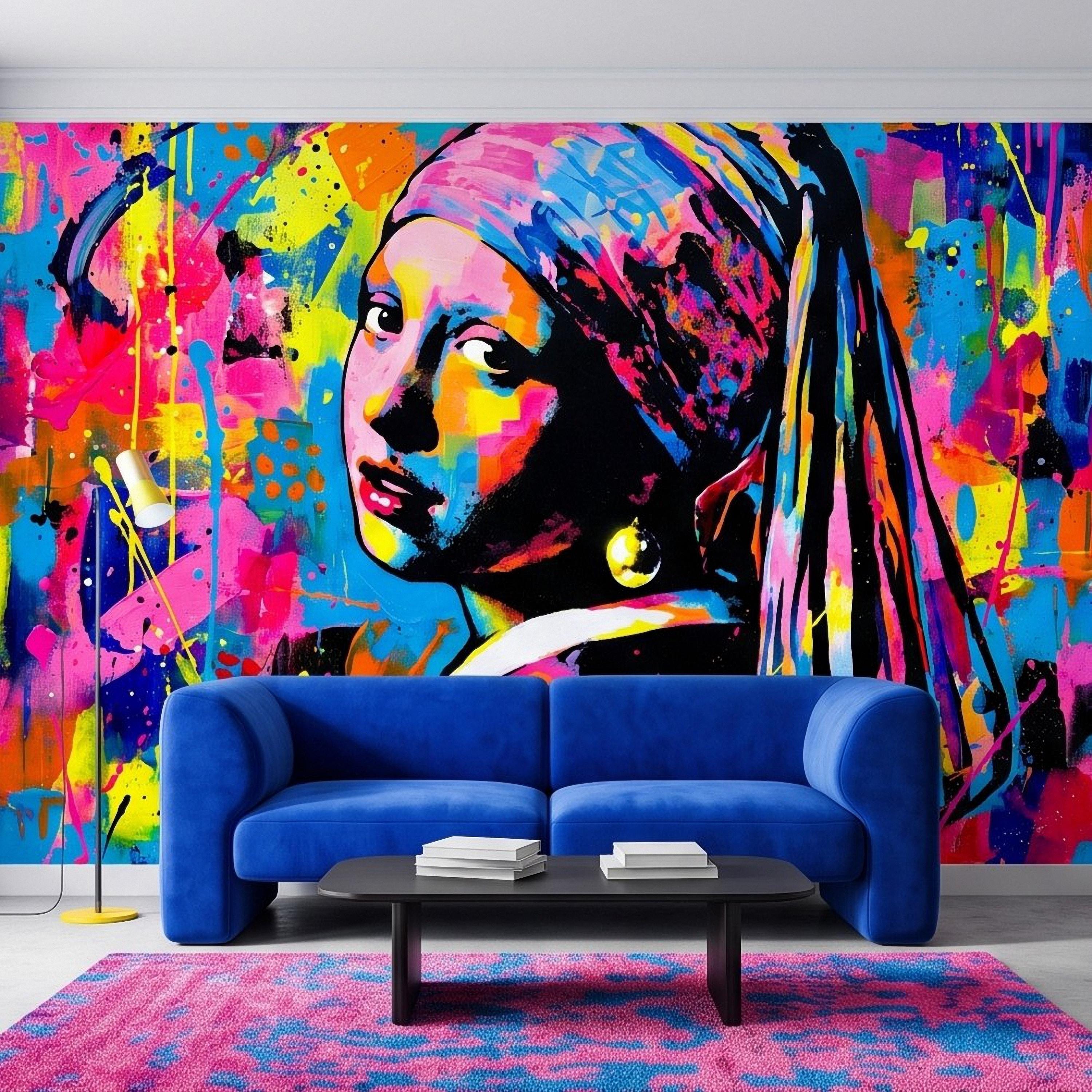 Girl with a Pearl Earring Peel and Stick Wall Mural, Colorful Graffiti Portrait Famous Painting Street Style Pop Culture Vibrant Wallpaper