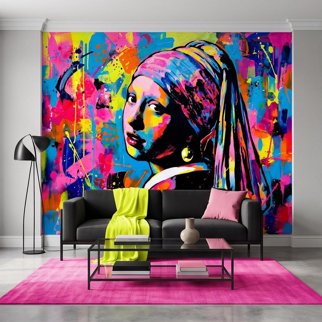 Girl with a Pearl Earring Peel and Stick Wall Mural, Colorful Graffiti Portrait Famous Painting Street Style Pop Culture Vibrant Wallpaper